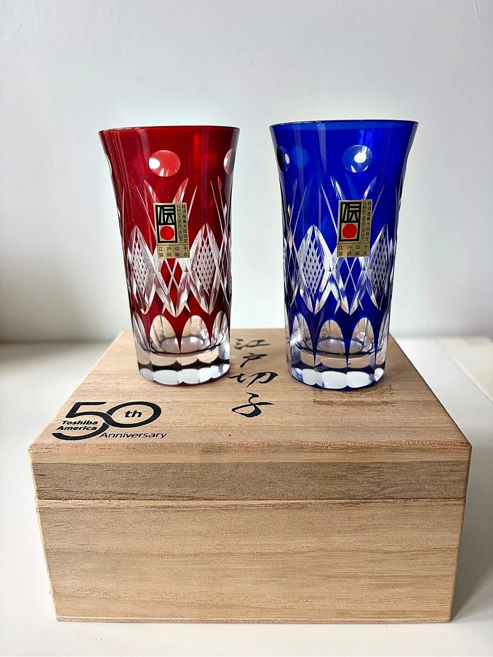 Kagami Crystal Edo Kiriko rock pair Glass Blue& Pink 50th Anniversa Beautiful !